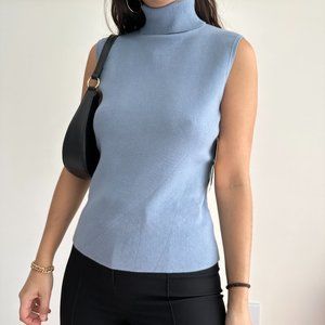 Vintage blue minimalist turtleneck sleeveless top